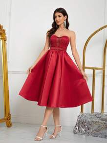 SHEIN Belle Burgundy Red Elegant Burgundy Red Tube Top V-Neck See-Through Mesh Dot Net Splicing Romantic Positioning Lace Breast Cup Detachable Belt Decoration Glossy Satin Large Dress A-Line Palace-Style Princess Style Dress Suitable For Parties Graduation Season Sunday Wedding Holiday Gift-Level Cocktail Party Dress - Burgundy - View 5