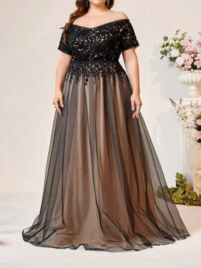 SHEIN Belle 加大码黑色蕾丝拼接透视网眼风格婚礼露肩优雅晚宴礼服舞会婚礼宾客礼服，适合毕业派对礼服