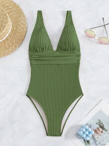 SHEIN Swim 夏季沙灘深V領修身無袖一件式泳裝 - 軍綠色 - 查看 3