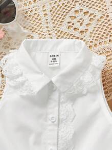 SHEIN 嬰兒女夏季白色蕾絲拼接無袖襯衫，有折領和扭結裝飾的休閒款式 - 白色 - 查看 4