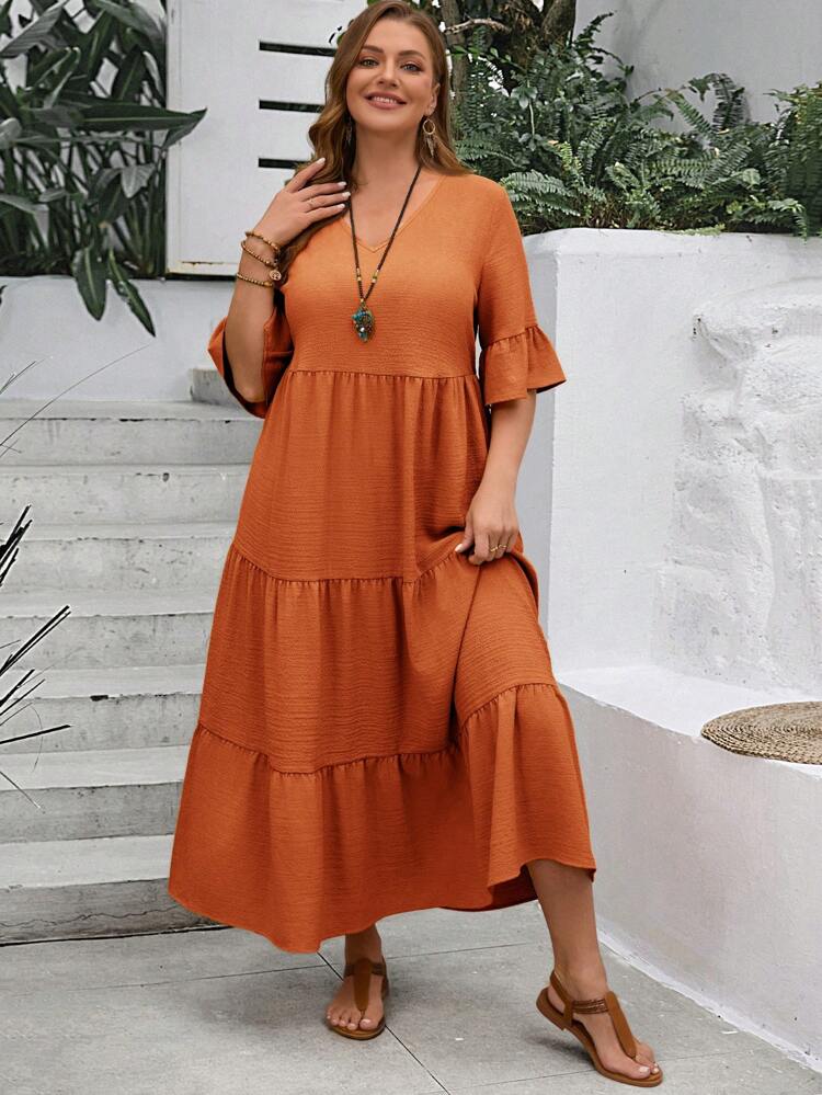 Plus Size Women's Deep V-Neck Ruffle Sleeve Multi-Tiered Hem Long Yellow Dress For Summer