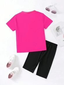 Tween Girl 2pcs/Set Summer Casual Letter & Cartoon Print Short Sleeve T-Shirt & Shorts