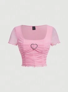 SHEIN MOD Nhẫn trái tim đính đá trang trí Lưới xếp li Chia khít áo thun mùa hè Y2K - Hồng - Xem 1