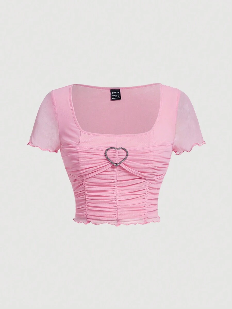 SHEIN MOD Nhẫn trái tim đính đá trang trí Lưới xếp li Chia khít áo thun mùa hè Y2K - Hồng - Xem 1