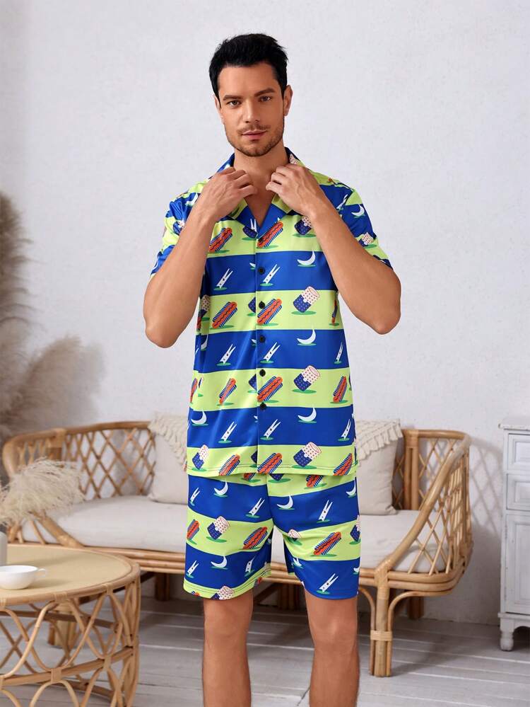 Men's Full-Print Short Sleeve Shirt And Shorts Homewear Set, Suitable For Summer