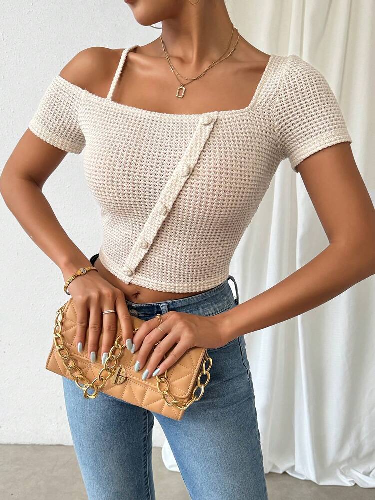 Asymmetrical Neckline Button Decor Slim Fit Summer Casual T-Shirt