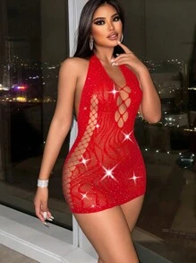 女式紅色性感無背連身裙，背部有閃石裝飾 - 紅色 - 查看 5