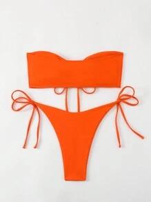 SHEIN Swim 實心打結前扣頸無肩帶比基尼泳衣套裝，適用於夏季海灘度假 - 橘色 - 查看 2