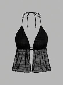 Sweetina Y2k Summer Hawaiian Quần áo Áo hở lưng màu trơn có dây đeo - màu đen - Xem 8