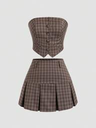 Sweetra Ladies" Summer Buttoned Asymmetric Hem Plaid Bustier Top And Pleated Skirt Set In A College Style