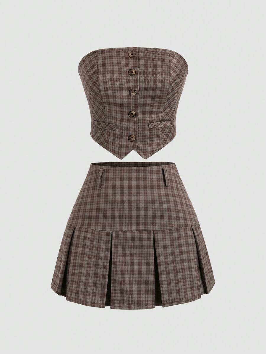 Sweetra 女士夏季格紋胸衣上衣和褶皺裙子套裝，帶有大學風格的鈕扣不對稱樣式 - 彩色 - 查看 1