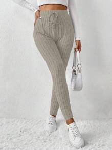 SHEIN Frenchy Quần legging bó màu trơn thắt nơ eo cho nữ - Màu be - Xem 4