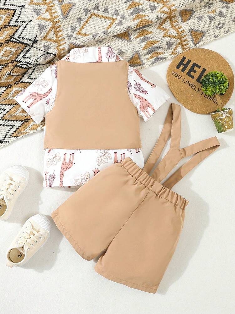 3pcs/Set Baby Boys' Elegant Academy Retro Gentleman Outfit, Including Animal Print Shirt, Khaki Shorts And Vest, Suitable For Diverse Outfits And Occasions