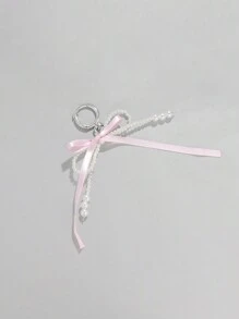 ROMWE Kawaii 1pc Korean Style Simple And Sweet Faux Pearl Pink Ribbon Bow Knot Pendant Keychain Keyring Bag Charm Valentines - Pink - View 3
