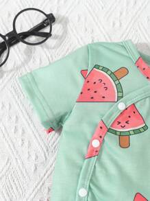 SHEIN Baby Boys' 2pcs Casual Watermelon Print Short Sleeve Bodysuit With Shorts Set, Home Clothes