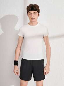 Teen Boy Solid Color Simple Round Neck Short Sleeve And Shorts Set - Black and White - View 4