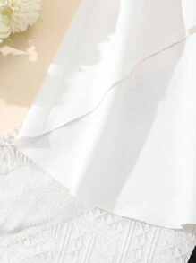 青少年女孩夏季白色短款泡泡袖高低下摆衬衫和裤子休闲两件套，度假，夏季，旅行 - 黑色 - 查看 4