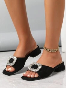 Wide Fit Women Summer New Simple Style Rhinestone Decorated Fat Block Heel Faux Velvet Slip-On Mule Sandals - Black - View 4
