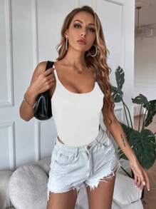 SHEIN SXY 夏季黑色圓領吊帶緊身成人連體褲 - 白色 - 查看 4