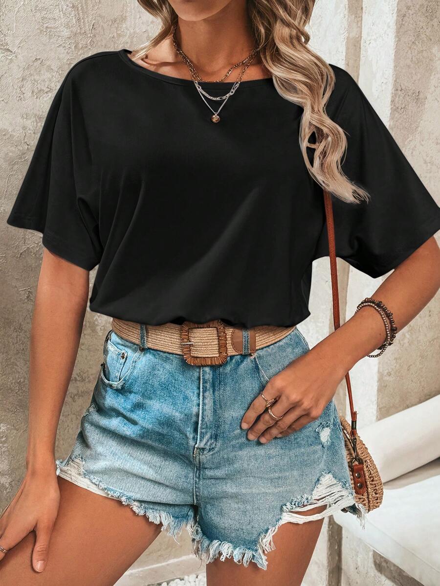 SHEIN LUNE 女士夏季基本款圓領短袖連體衣 - 黑色 - 查看 1