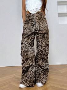 SHEIN Unity Leopard Print Zipper Front Casual Cargo Trousers Fall Cloth For Women - Black and White - View 6