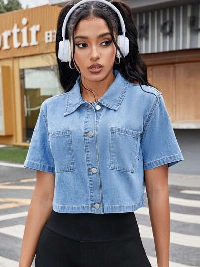 SHEIN ICON Blusa corta de mezclilla de manga corta y estilo informal para mujer, adecuada para chaqueta de mezclilla de verano
