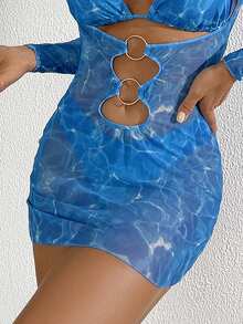SHEIN Swim 女士度假大理石印花挂脖时尚简约比基尼套装带可分离比基尼套装搭配圆环连接罩衫连衣裙夏季海滩 - 藍色 - 查看 4
