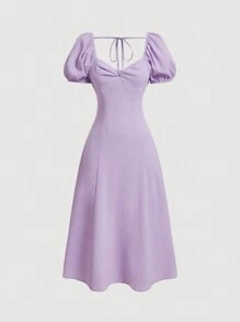 SHEIN MOD 女士夏季纯色复古风格连衣裙，胸部有褶皱，心形领口