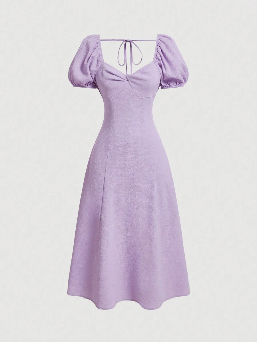 SHEIN MOD 女士夏季纯色复古风格连衣裙，胸部有褶皱，心形领口