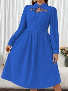 SHEIN Unity Plus Solid Color Romantic Long Sleeve Hollow Out Dress - Blue - View 7