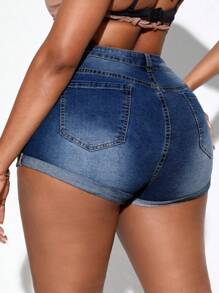 Slaydiva Plus Size Women\ Casual Denim Shorts With Pockets, Distressed And Rolled Hem - Dark Wash - View 2