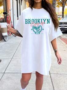 Flirla Plus Size Loose Fit Summer Casual Short Sleeve T-Shirt Dress With Alphabets Print And Round Neck
