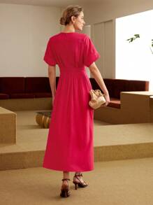 MOTF PREMIUM SOLID SURPLICE NECK BATWING SLEEVE BUCKLE BELTED DRESS