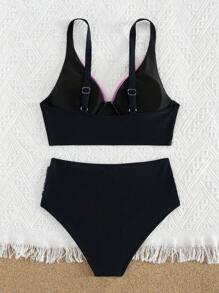 Swim Lushoire Summer Beach Women Swimming Pool Vacation Contrast Color Chest Crossing Simple Fashion Bikini Set - Multicolor - View 2