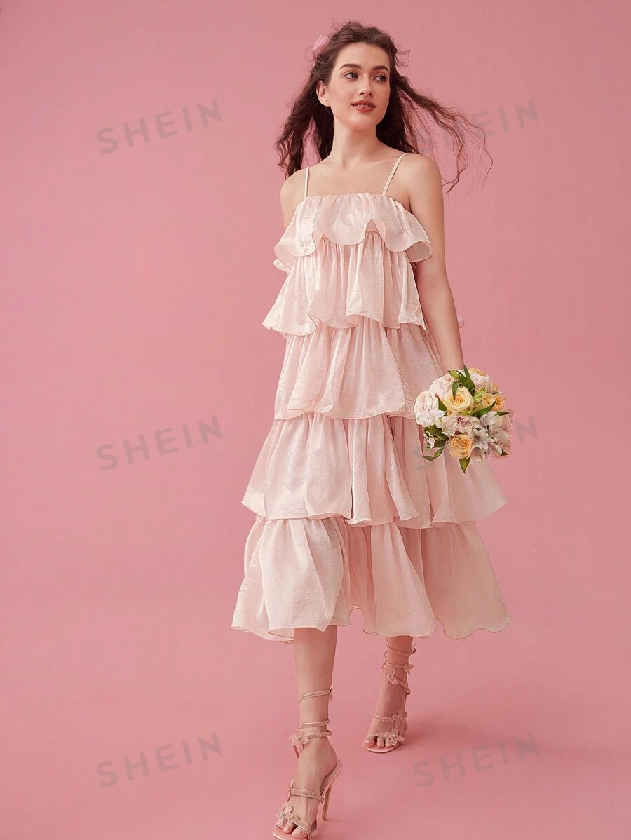 Enchnt Vestido De Tirantes De Moda Para Mujeres Con Diseño De Volantes Rosa