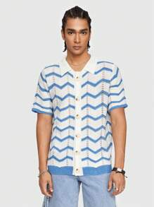 ROMWE MEN Men Summer Wave Striped Single Breasted Hollow Short Sleeve Casual Knitted Top - Blue and White - View 1
