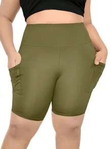 SHEIN LUNE Quần short nữ màu trơn cỡ lớn có túi - màu xanh lá - Xem 4