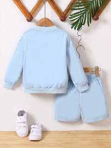 SHEIN 男童字母印花棒球领夹克和短裤休闲两件套，春季 - 藍色 - 查看 2