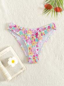 SHEIN Swim 夏季海灘花卉印花高腰收摺比基尼下擺 - 彩色 - 查看 5