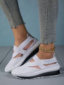 Giày đế xuồng nữ đế dày đế dày thoáng khí Giày thể thao dệt - trắng - Xem 6