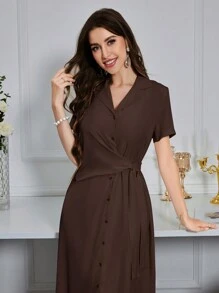 Mulvari Women Dresses Tombol Membungkus Plain Casual - Coffee Brown - View 3