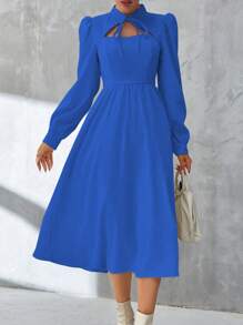 SHEIN Unity Plus Solid Color Romantic Long Sleeve Hollow Out Dress - Blue - View 1
