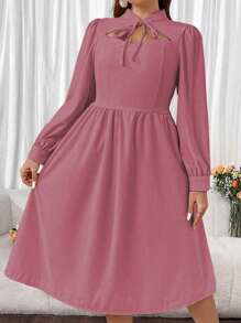SHEIN Unity Plus Solid Color Romantic Long Sleeve Hollow Out Dress - Pink - View 3
