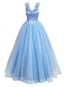 SHEIN Belle Elegante y lindo vestido azul de tul para mujer con escote en V, flores 3D y falda de princesa pomposa para eventos formales, baile de graduación, cena, boda - Celeste - Ver 1