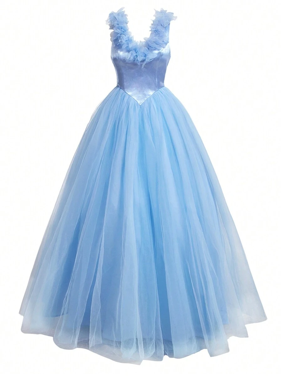 SHEIN Belle Elegante y lindo vestido azul de tul para mujer con escote en V, flores 3D y falda de princesa pomposa para eventos formales, baile de graduación, cena, boda - Celeste - Ver 1