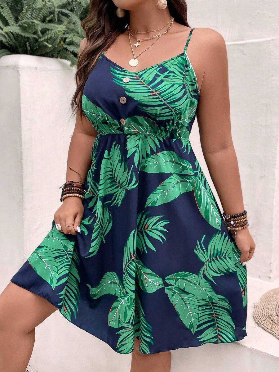 SHEIN Holidaya 大碼女性夏季假期風格，熱帶植物印花按鈕裝飾肩帶連身裙 - 藏蓝色 - 查看 1