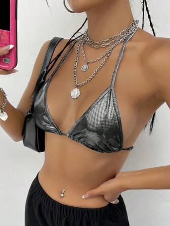SHEIN ICON Y2k Backless Knot Metallic Crop Halter Silver Top