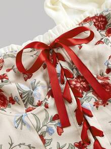 SHEIN MOD 夏日假日約會派對，蝴蝶結細節及印花色塊露肩裙連蝴蝶結肩帶