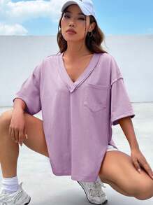SHEIN EZwear Casual Loose Knit Women V-Neck T-Shirt