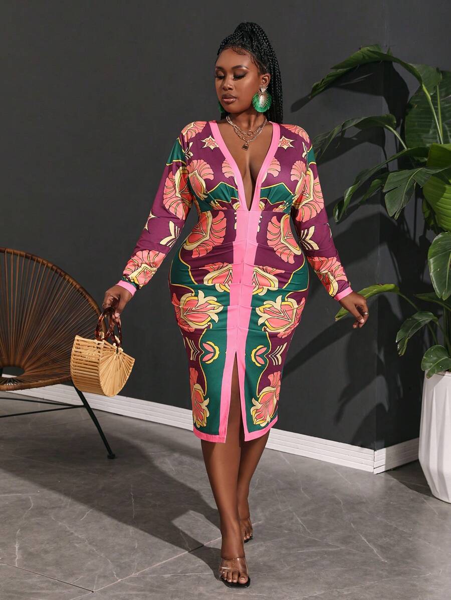 Slaydiva 大尺碼夏季時尚V領花卉印花長袖連衣裙 - 彩色 - 查看 1